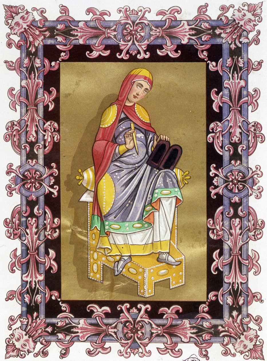 Radegonde (ca. 520 - 587), koningin van Frankrijk, vrouw van Clotaire I. Chromolithografie uit de 19e eeuw gebaseerd op verluchting. door Unknown artist