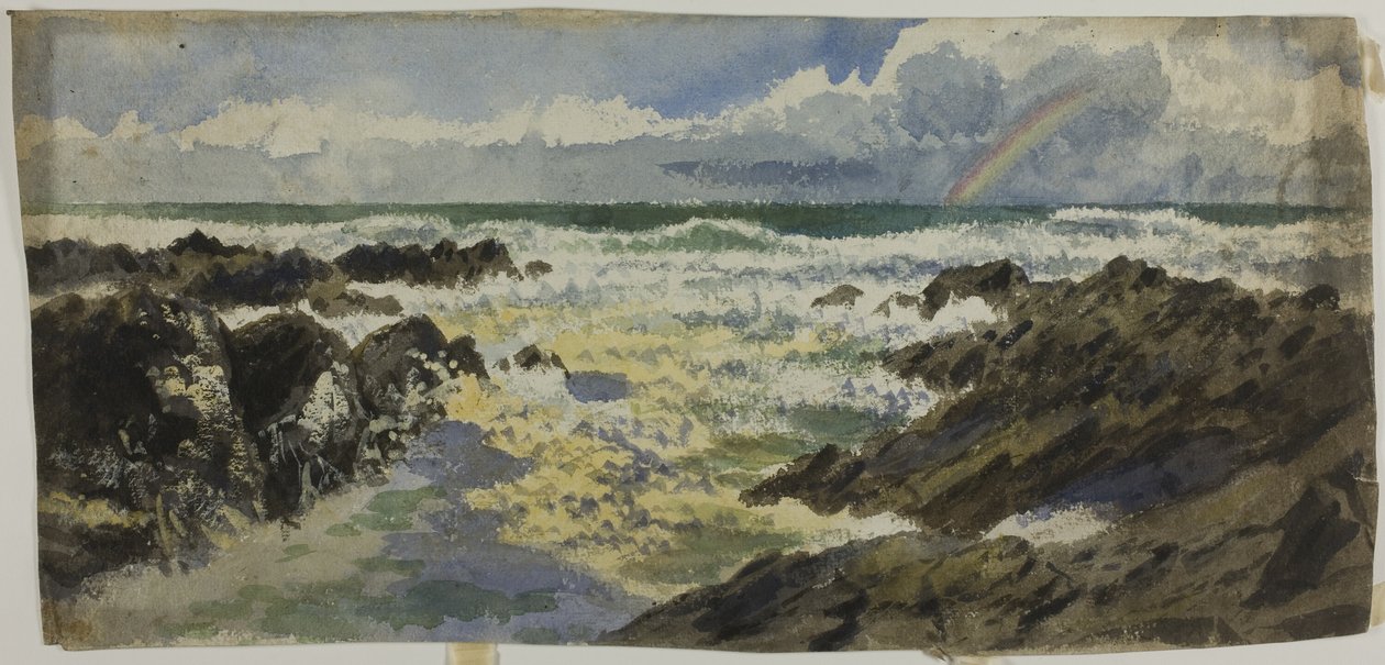 Regenboog boven stormachtige zee door Unknown artist