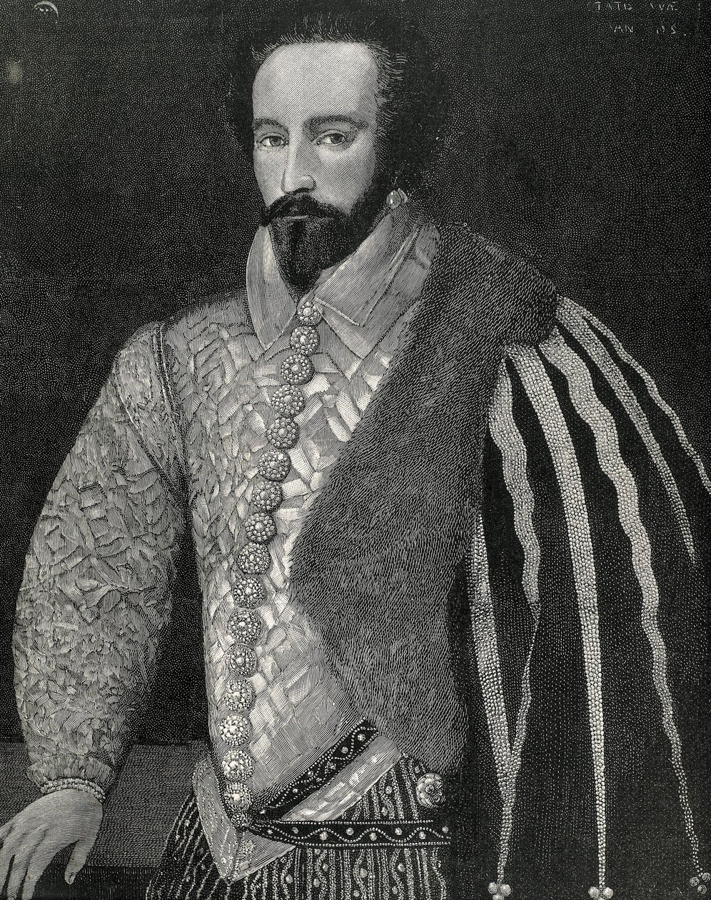 Sir Walter Raleigh (1554-1618). Engelse zeeman, ontdekkingsreiziger en makelaar. Portret van Sir Walter Raleigh. Gegraveerd in 1891, uitgevoerd naar een anoniem origineel dat bewaard wordt in de National Portrait Gallery van Londen. Gravure. door Unknown artist