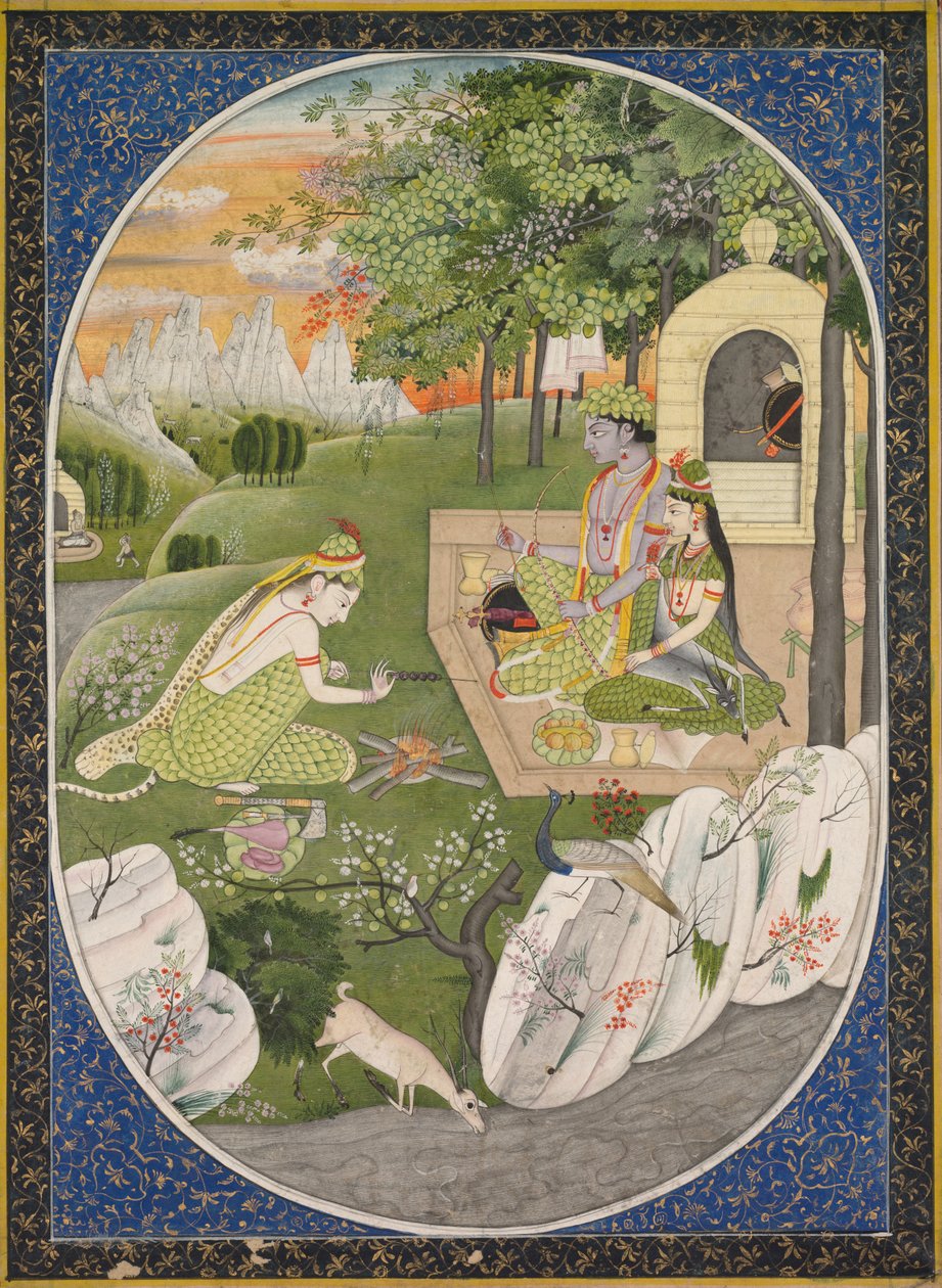 Rama, Sita en Lakshmana in het Bos, pagina uit de Ramayana (Verhalen van God Rama) door Unknown artist