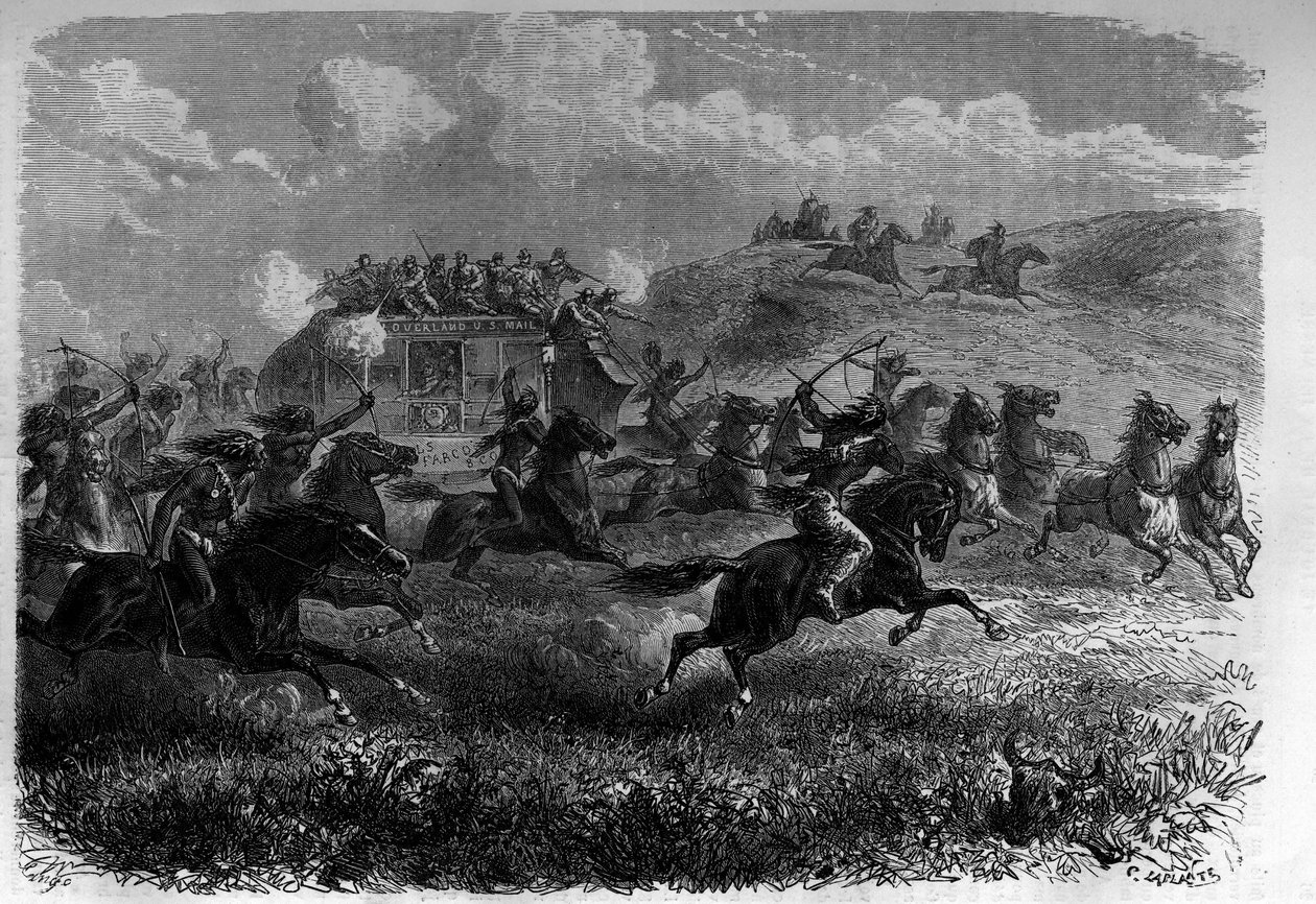 Roodhuidrijders vallen een diligence aan in de prairie. Gravure in 