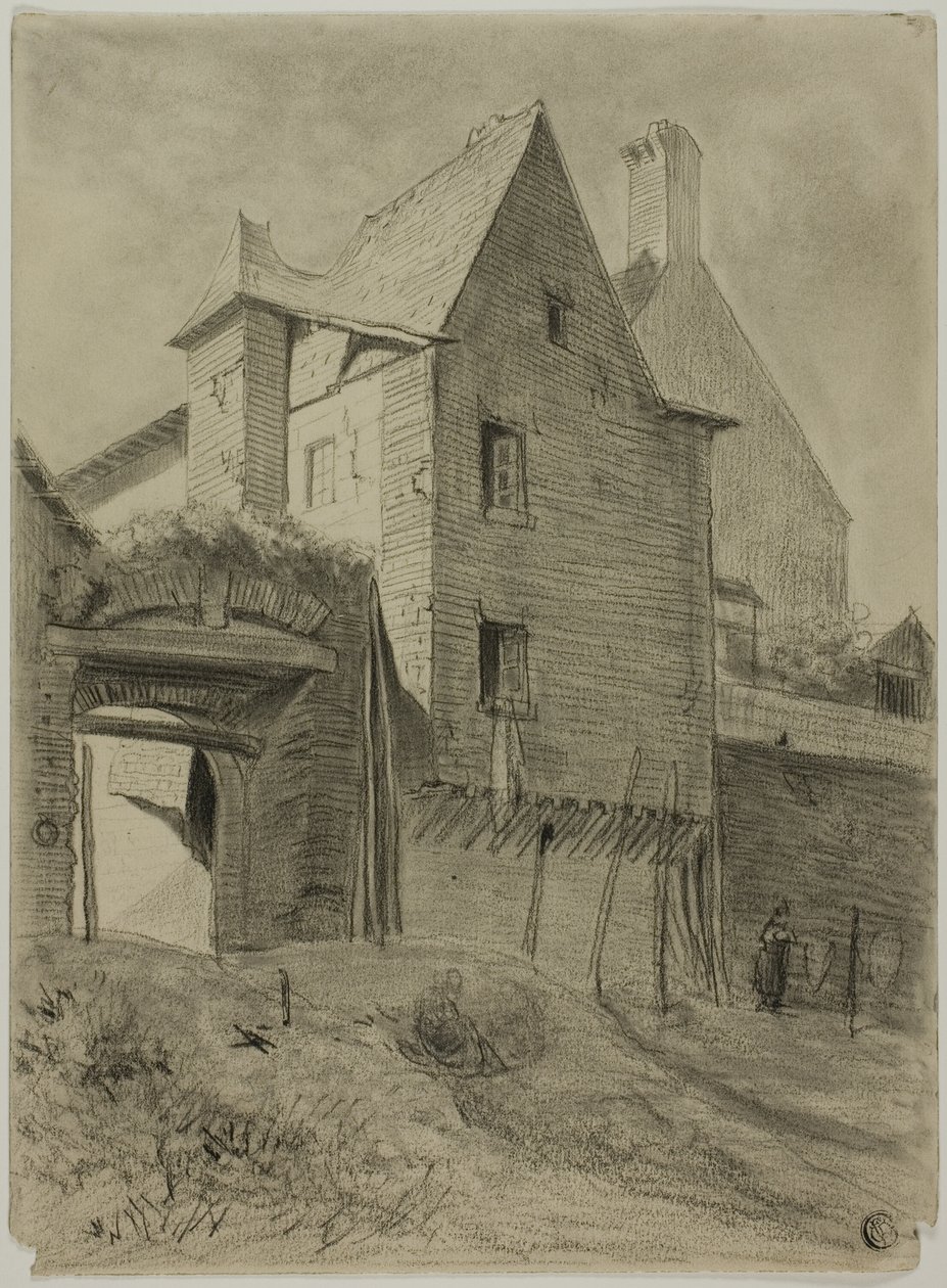Overblijfsel van oud kasteel opgenomen in boerderij door Unknown artist