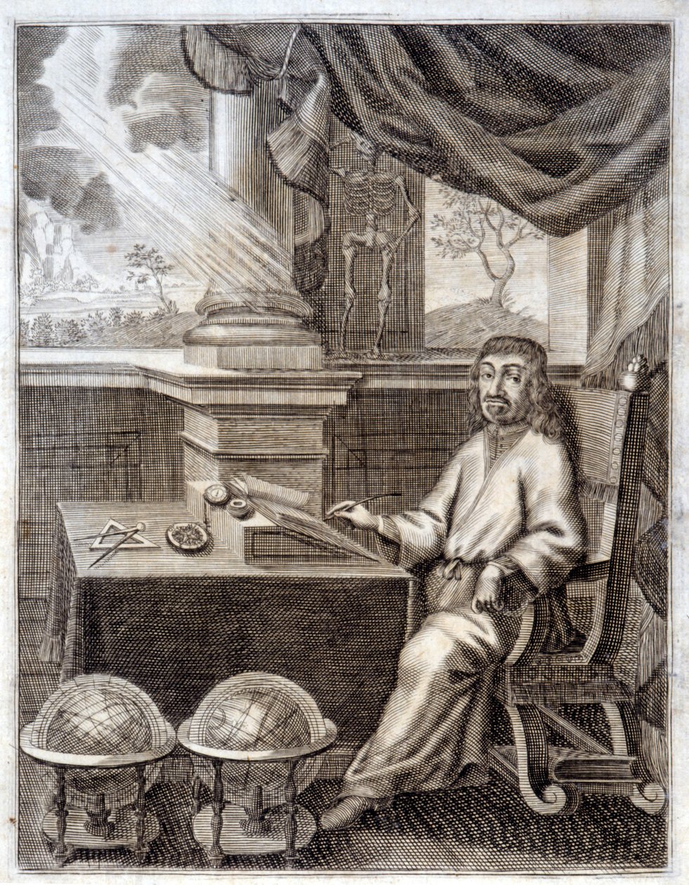 René Descartes (1596 - 1650) in zijn kantoor met wetenschappelijke apparatuur. Gravure uit de 17e eeuw door Unknown artist