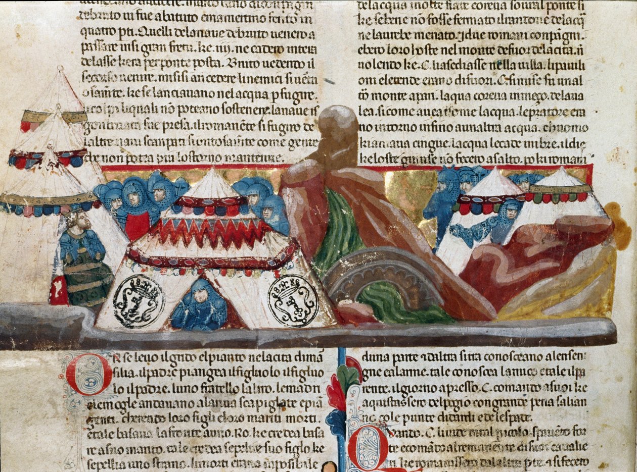 Voorstelling van Julius Caesar (101-44 v.Chr.) zittend bij zijn militair kamp Detail van een manuscriptpagina 