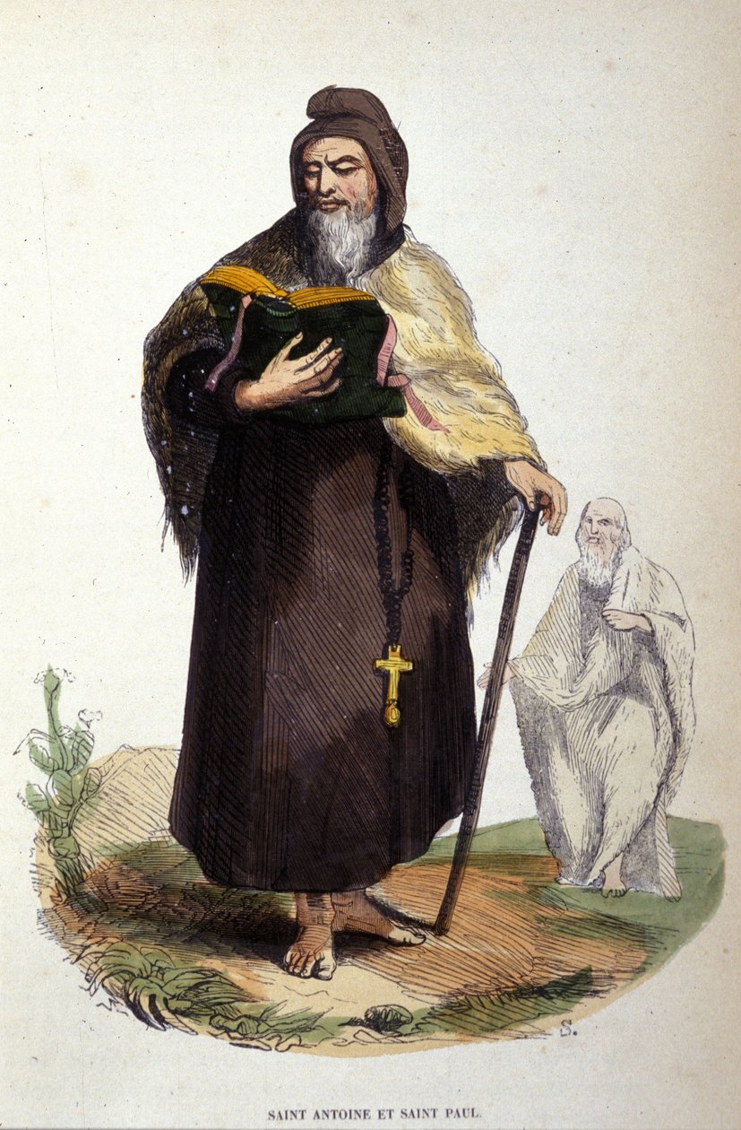 Afbeelding van Sint Antonius de Grote, Egyptische kluizenaar (251-356), stichter van het christelijke kluizenaarsleven en Sint Paulus van Thebe. Gravure uit de 19e eeuw door Unknown artist