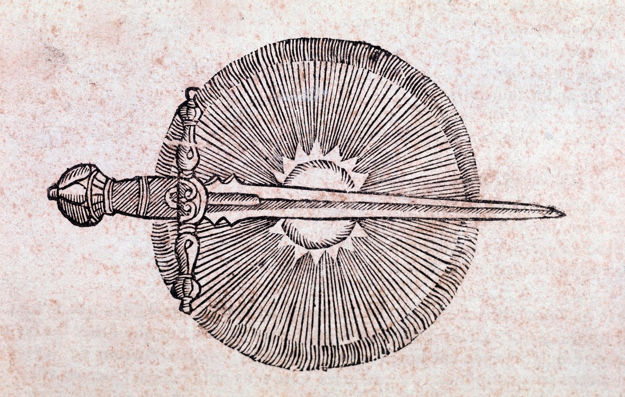 Voorstelling van een komeet als een zwaard dat de lucht doorboort (Gravure) door Unknown artist