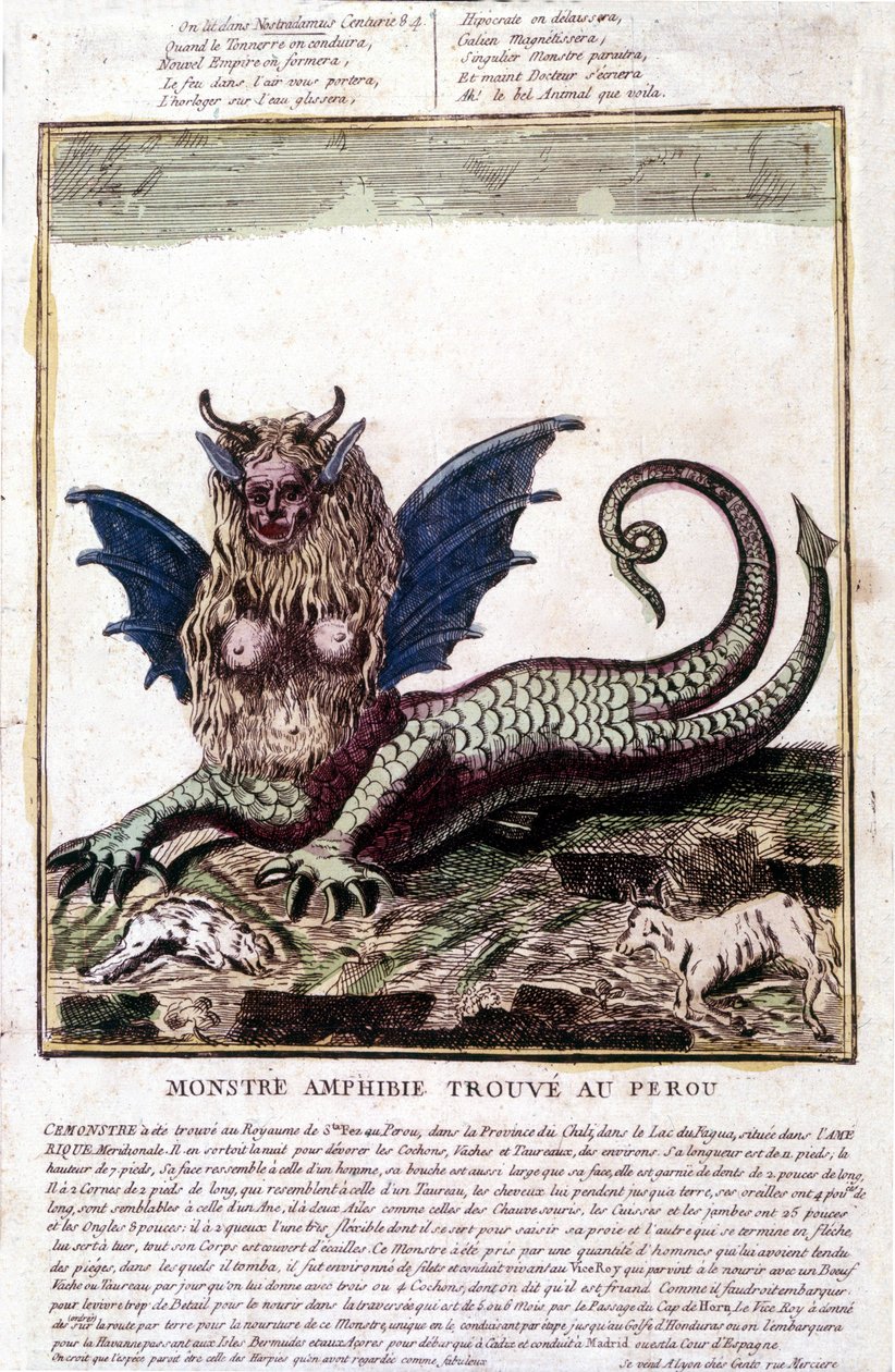 Voorstelling van een monster gevonden in een meer in Peru: het heeft een menselijk gezicht, hoorns, drakenvleugels, een leeuwenmanen, een reptielenlichaam, een vrouwenborst. Populaire prent uit de 18e eeuw. door Unknown artist