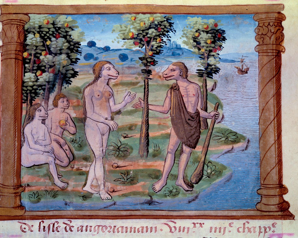 Voorstelling van monsterlijke wezens met een menselijk lichaam en hondenkop door Unknown artist
