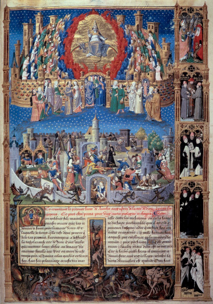 Voorstelling van de stad van God (hemels) en de stad van mensen (aards) Miniatuur uit 