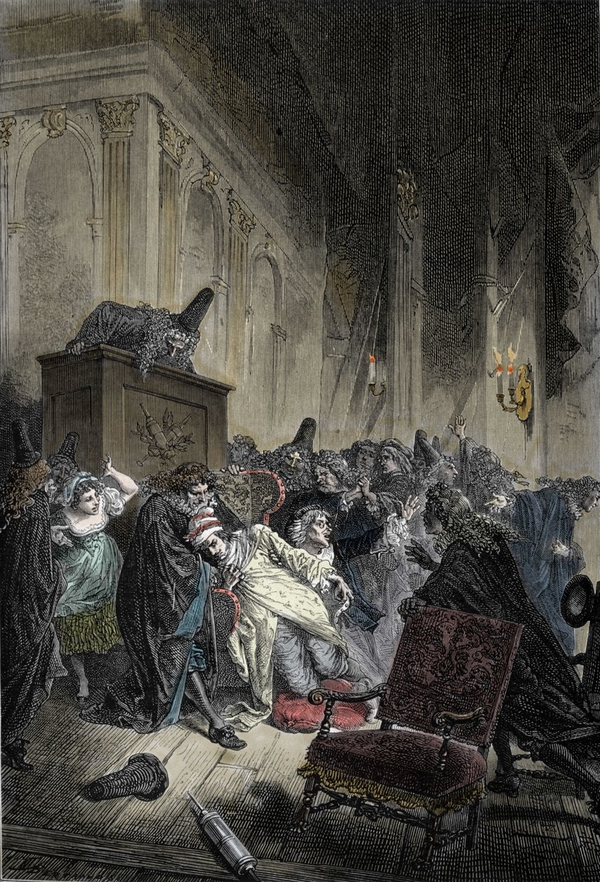 Weergave van de dood van Jean-Baptiste Poquelin, bekend als Molière (1622-1673), overlijden door longcongestie tijdens een voorstelling van "De ingebeelde zieke" op 17/02/1673 door Unknown artist