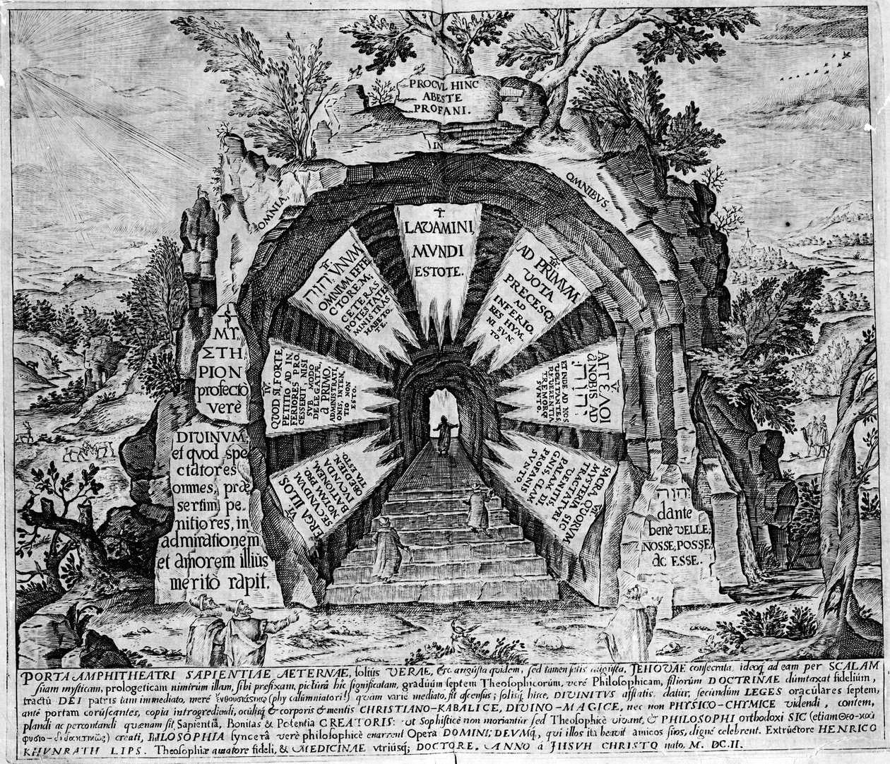 Voorstelling van de ingang van het Huis der Mysteriën, symbolisch voor het eeuwige leven. Gravure van het 