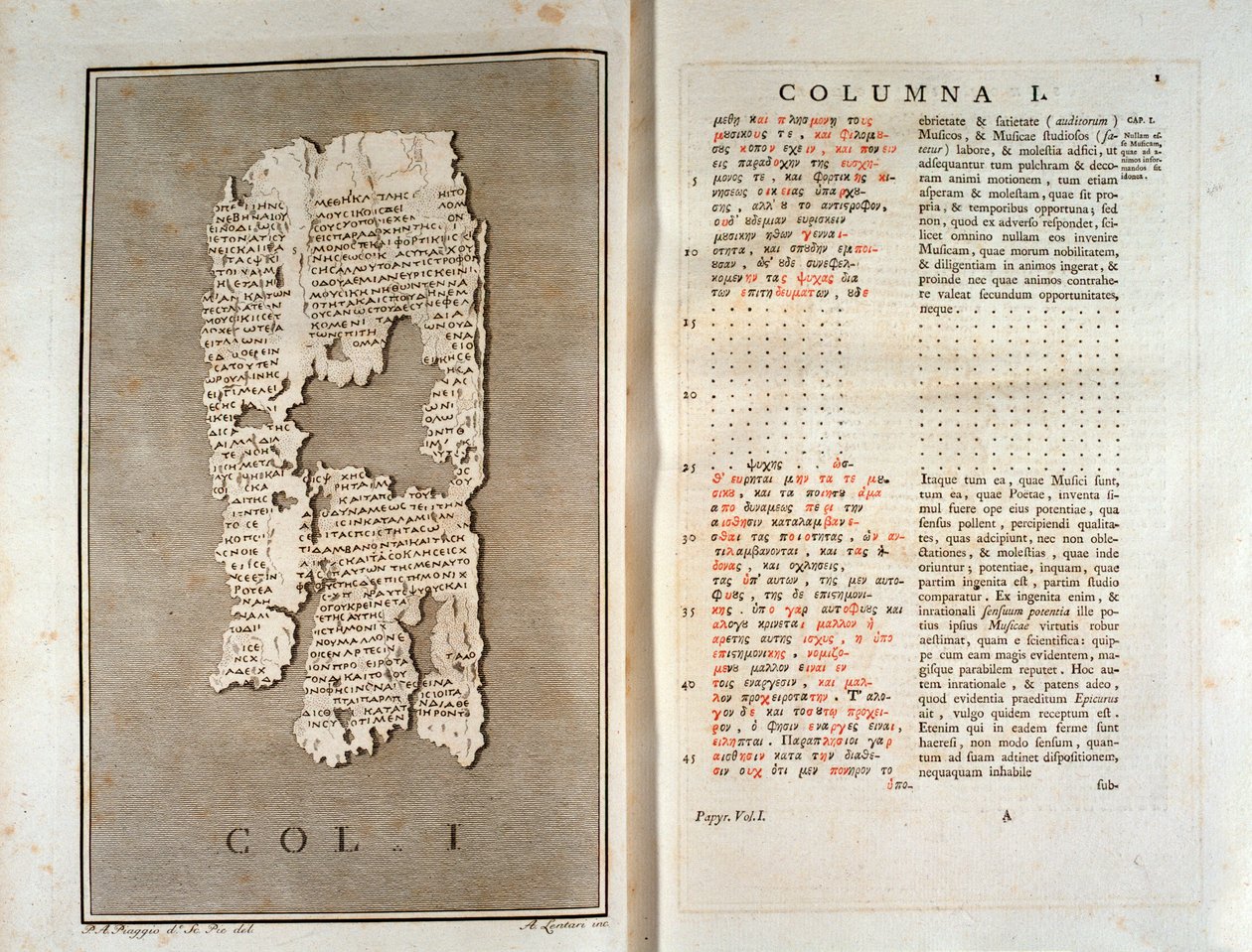 Reproductie van de papyrus van Herculanum van Philodema van Gadara (1793) door Unknown artist