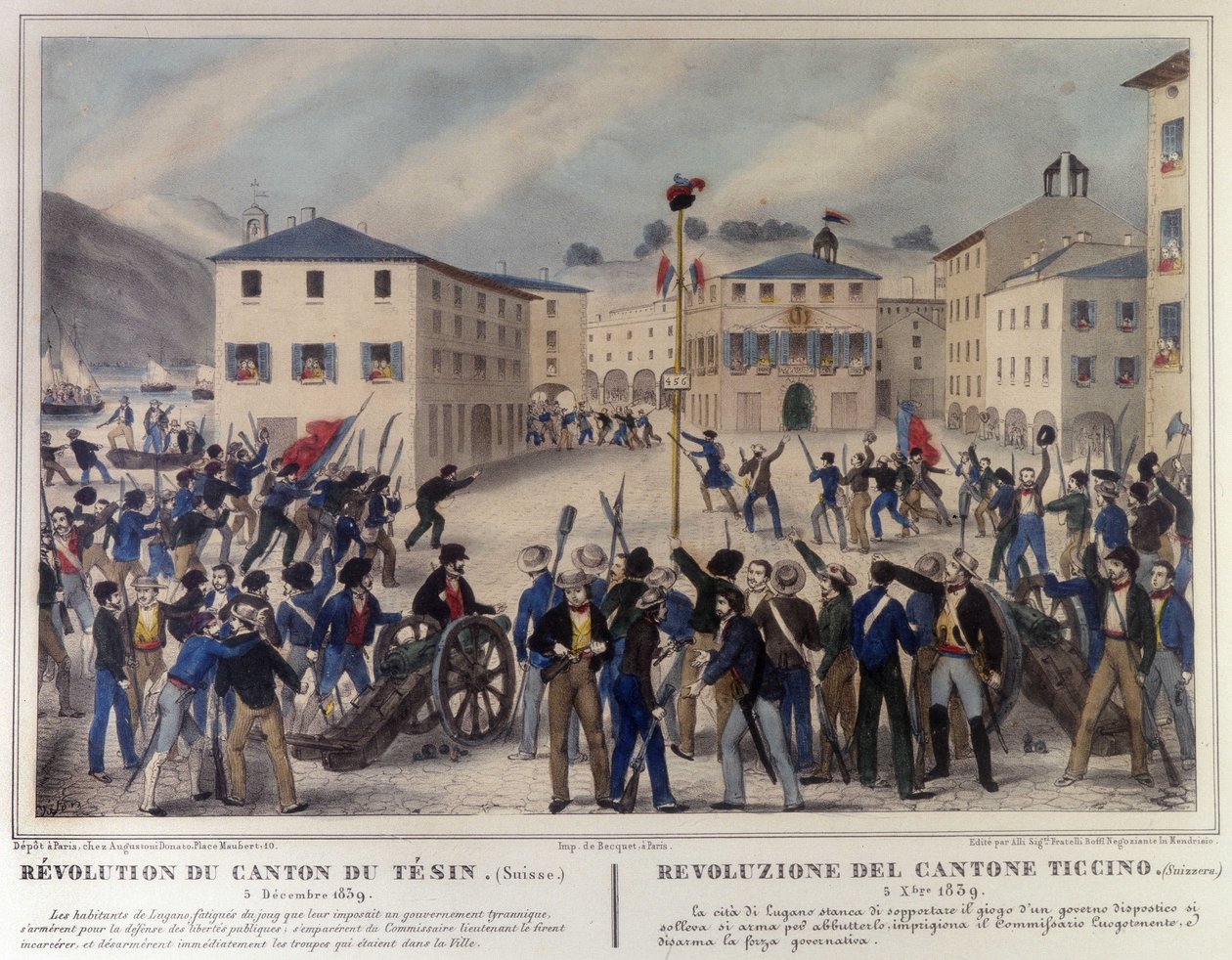 Revolutie van het kanton Ticino in Zwitserland op 5 december 1859. Gravure uit de 19e eeuw door Unknown artist