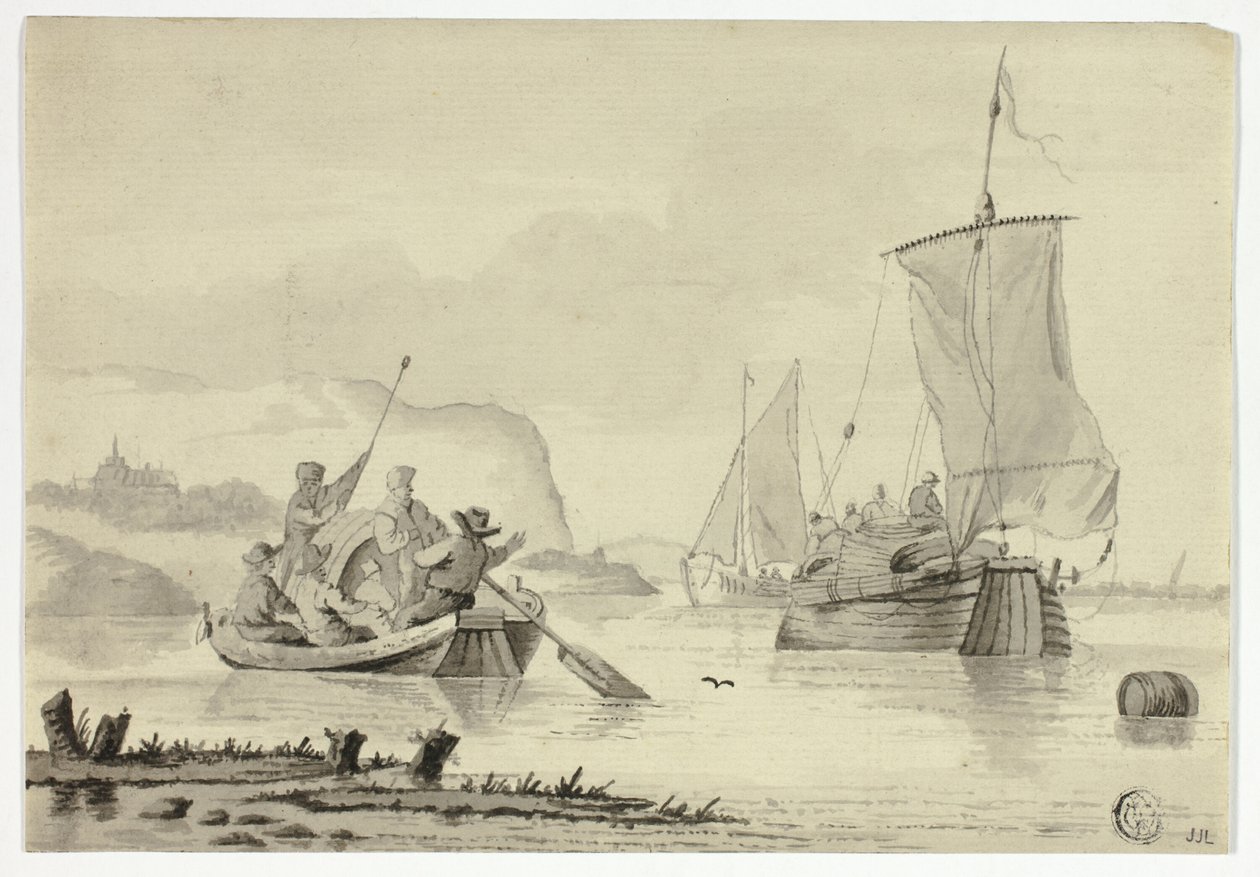 Rivierscène met Boten door Unknown artist
