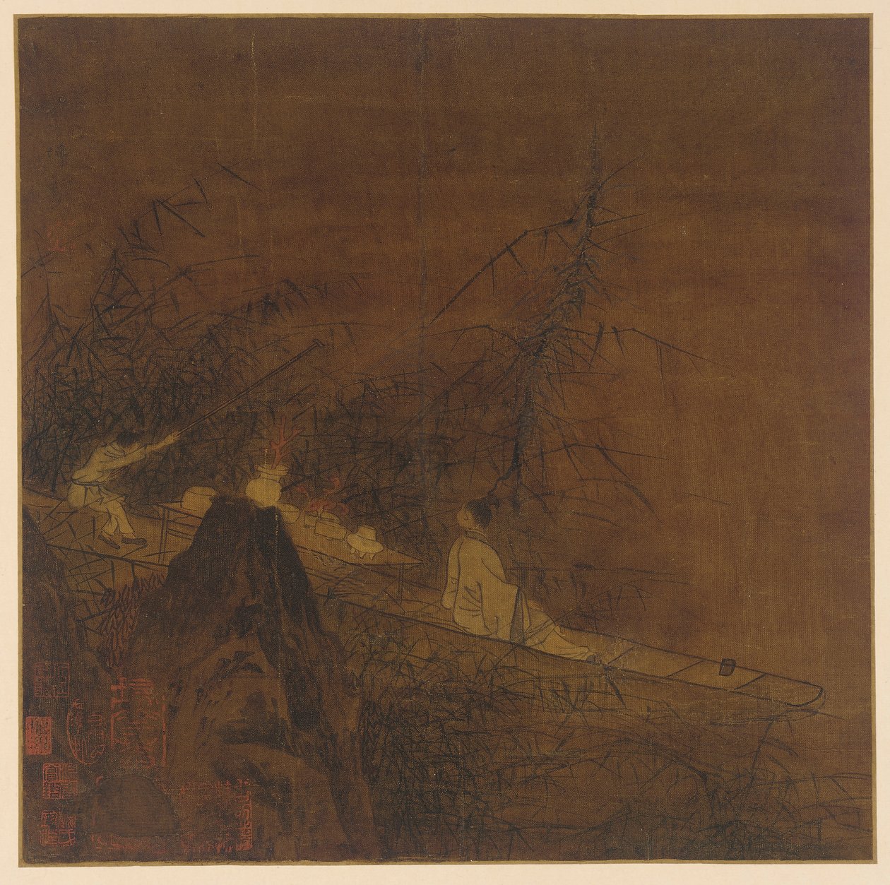 Rivierscène: een boot tussen wilde bamboe door Unknown artist
