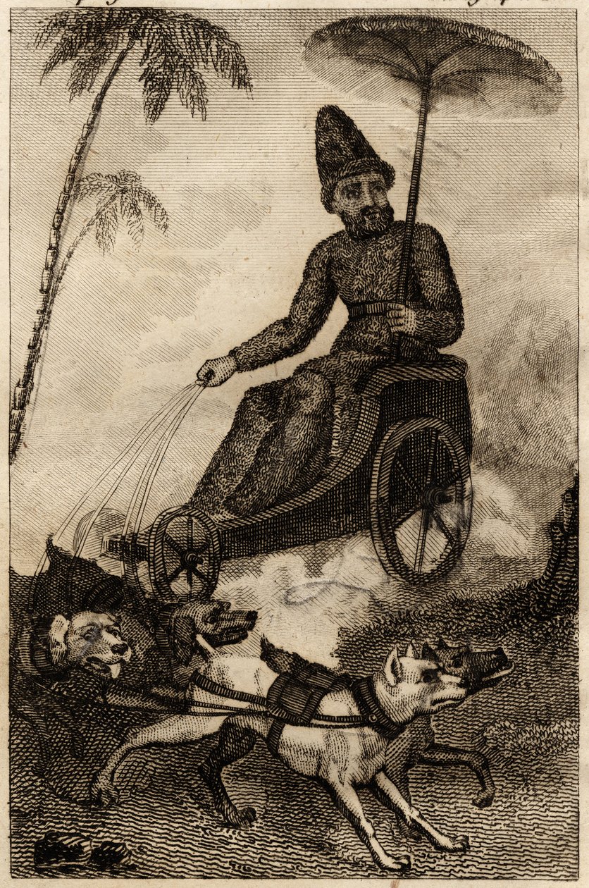 Robinson Crusoe op zijn wagen getrokken door zes honden, gravure ingevoegd in 