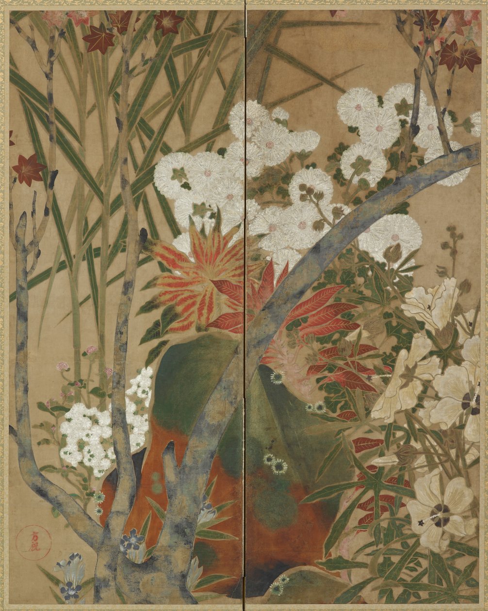 Rots, jonge boompjes en herfstbloemen door Unknown artist