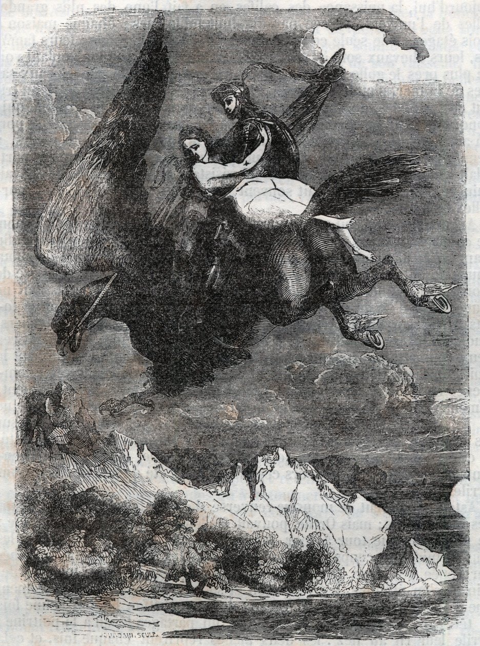 Roger (Ruggero, Ruggiero) en Angelique (Angelica) op de hippoclaw - gravure uit 1851 van 