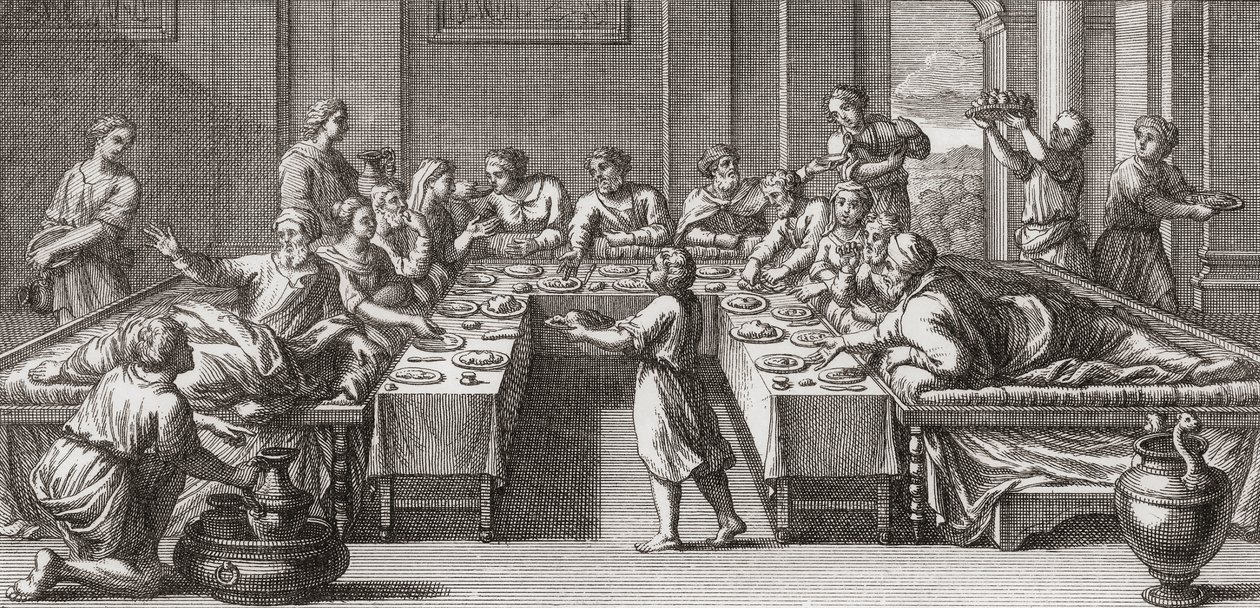 Romeins triclinium, of eetkamer, met tafel en banken door Unknown artist