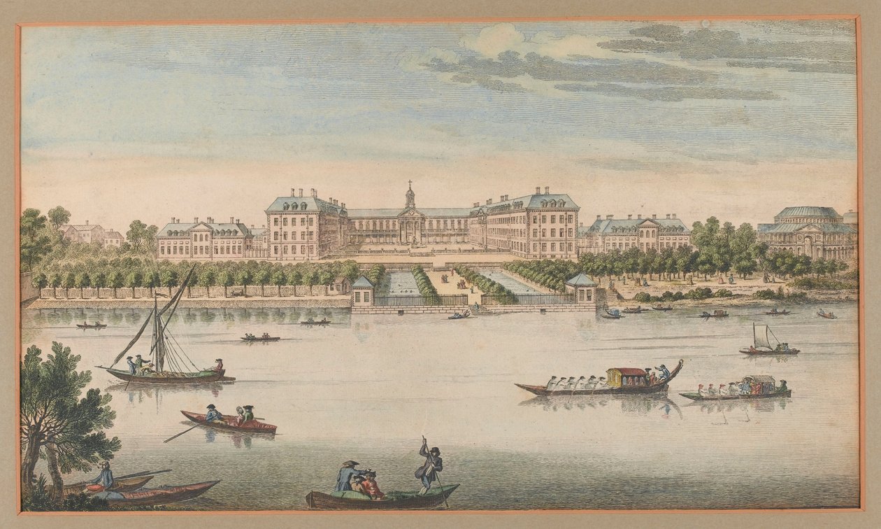 Koninklijk Hospitaal Chelsea, Uitzicht vanaf de rivier, ca. 1750 door Unknown