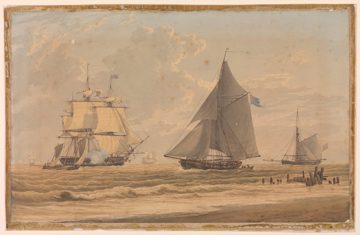 Koninklijk Marinezeilschip aan de kust, begin 19e eeuw door Unknown artist