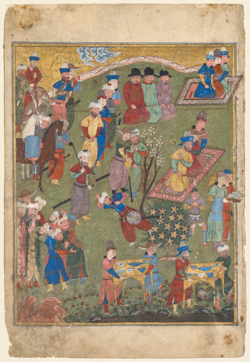 Koninklijke ontvangst in een landschap, linker folio van het dubbele frontispice van een Shahnama (Boek der Koningen) van Firdausi (Perzisch, circa 940-1019 of 1025) door Unknown artist
