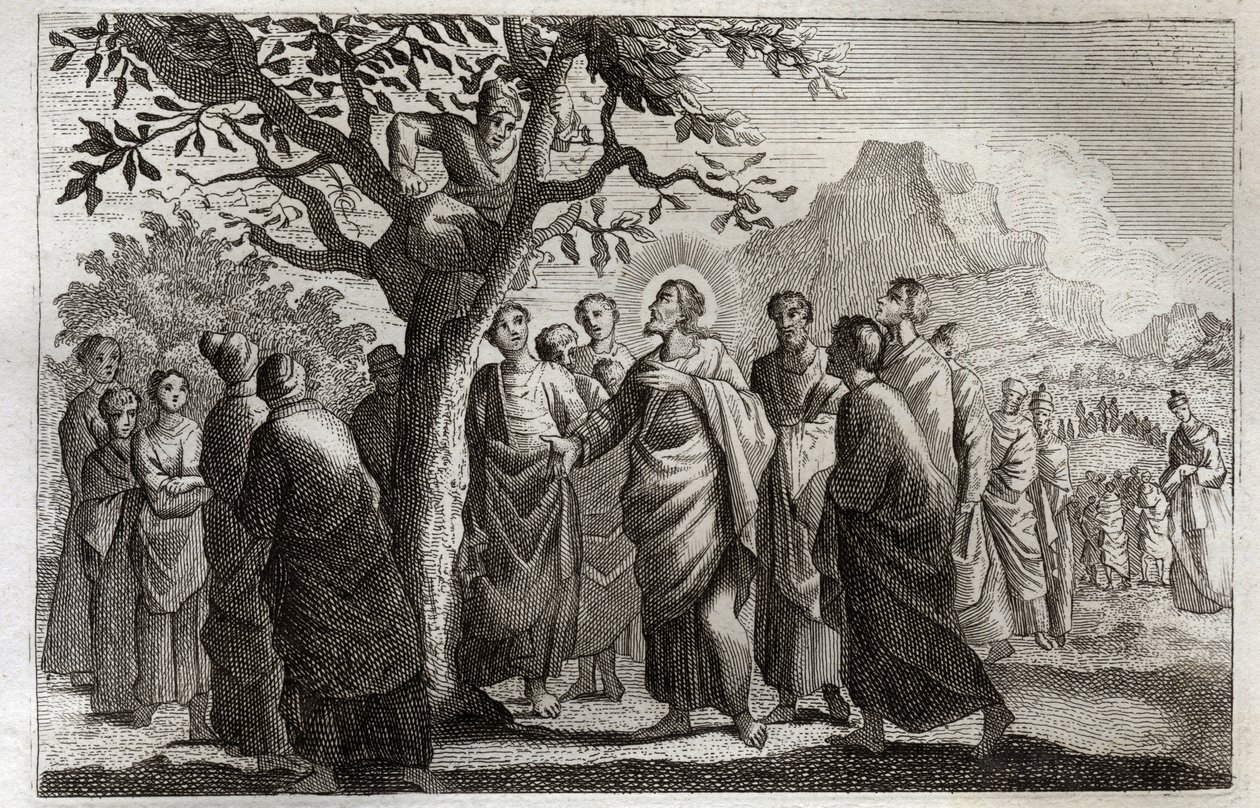 Royaumont Bijbel, Nieuwe Testament: Bekering van Zacheüs. Jezus Christus spreekt met Zacheüs die in de vijgenboom zit. Illustratie uit 1811. door Unknown artist
