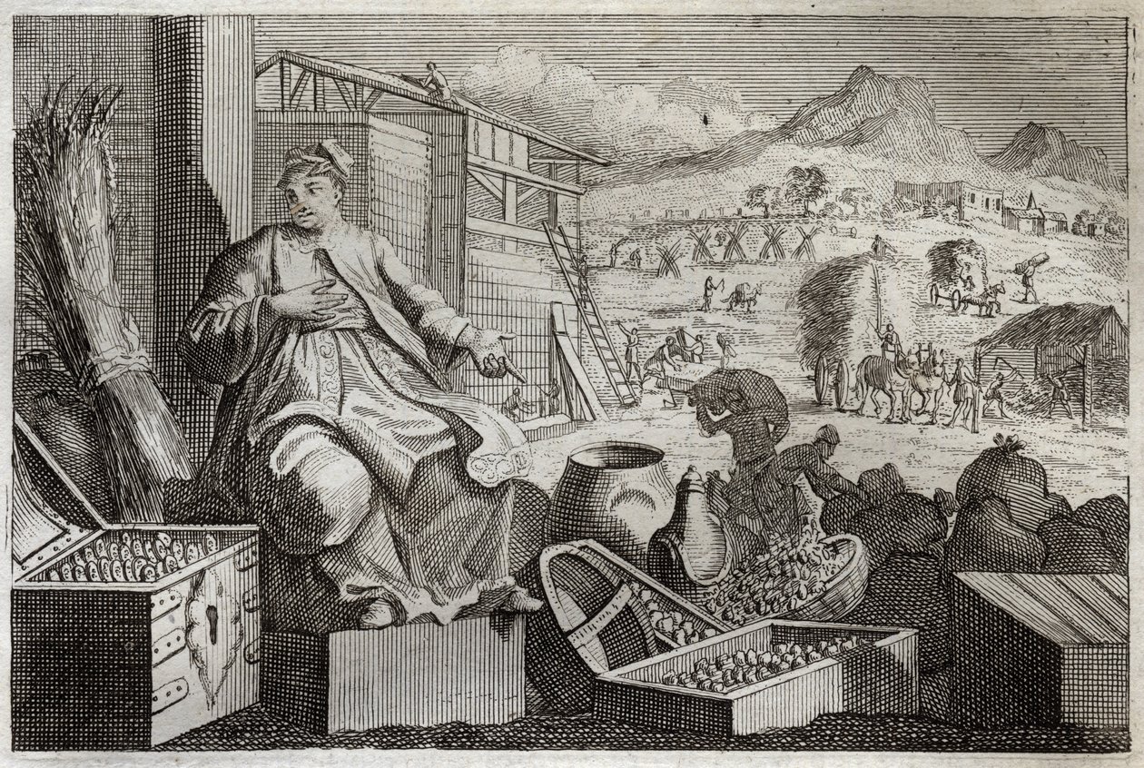 Royaumont Bijbel, Nieuwe Testament: De dwaasheid van rijkdom of de gelijkenis van de rijke man. Jezus Christus spreekt tegen de ijdelheid van een rijke man, die zichzelf prees om zijn grote bezittingen, en de volgende nacht stierf. Illustratie uit 1811. door Unknown artist