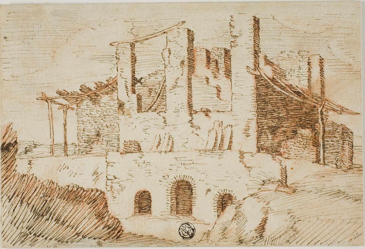 Ruïnes met Boerderijschuur door Unknown artist