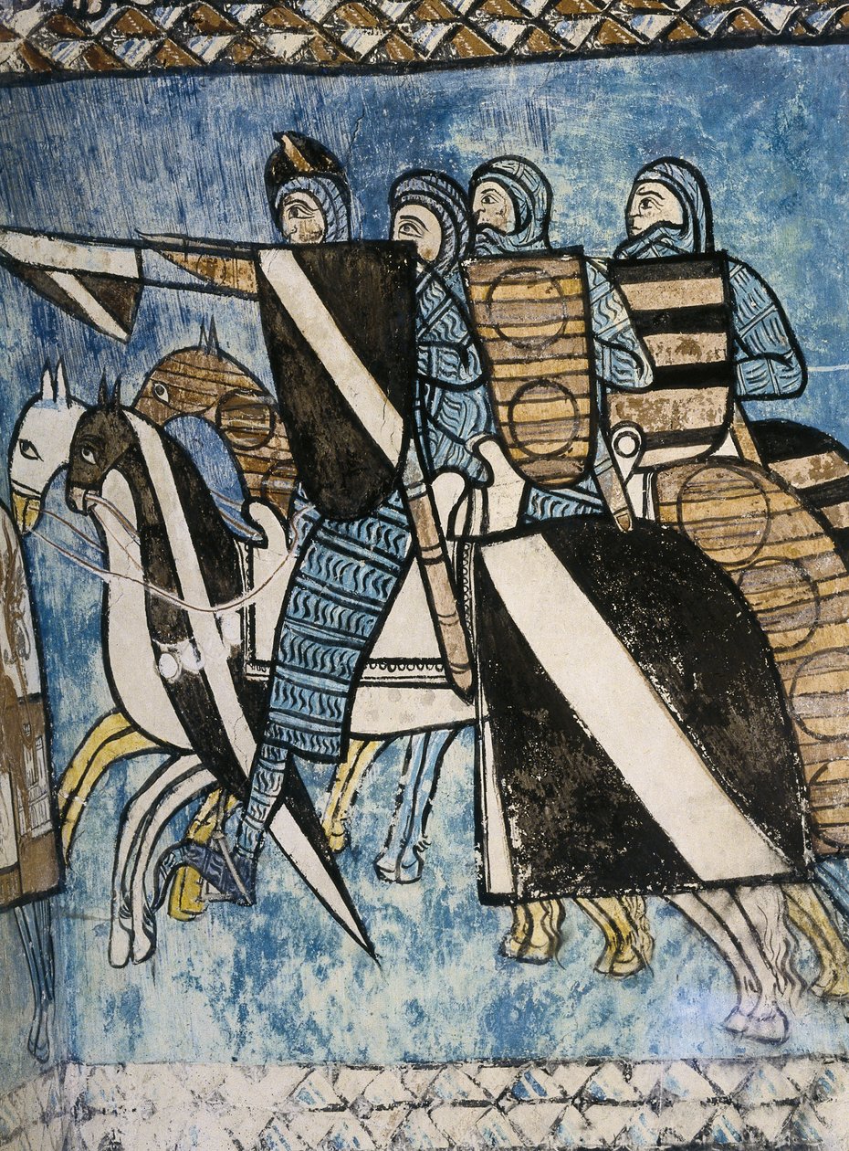 Spanje. Castilië en León. Valladolid. Klooster van San Bernardo de Valbuena. Castiliaans leger, groep christelijke soldaten te paard. 14e eeuw. Fresco schilderij op 