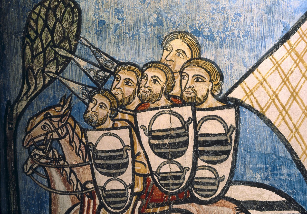 Spanje. Castilië en León. Valladolid. Klooster van San Bernardo de Valbuena. Groep christelijke soldaten te paard. Castiliaanse school. 14e eeuw. Fresco schilderij over 