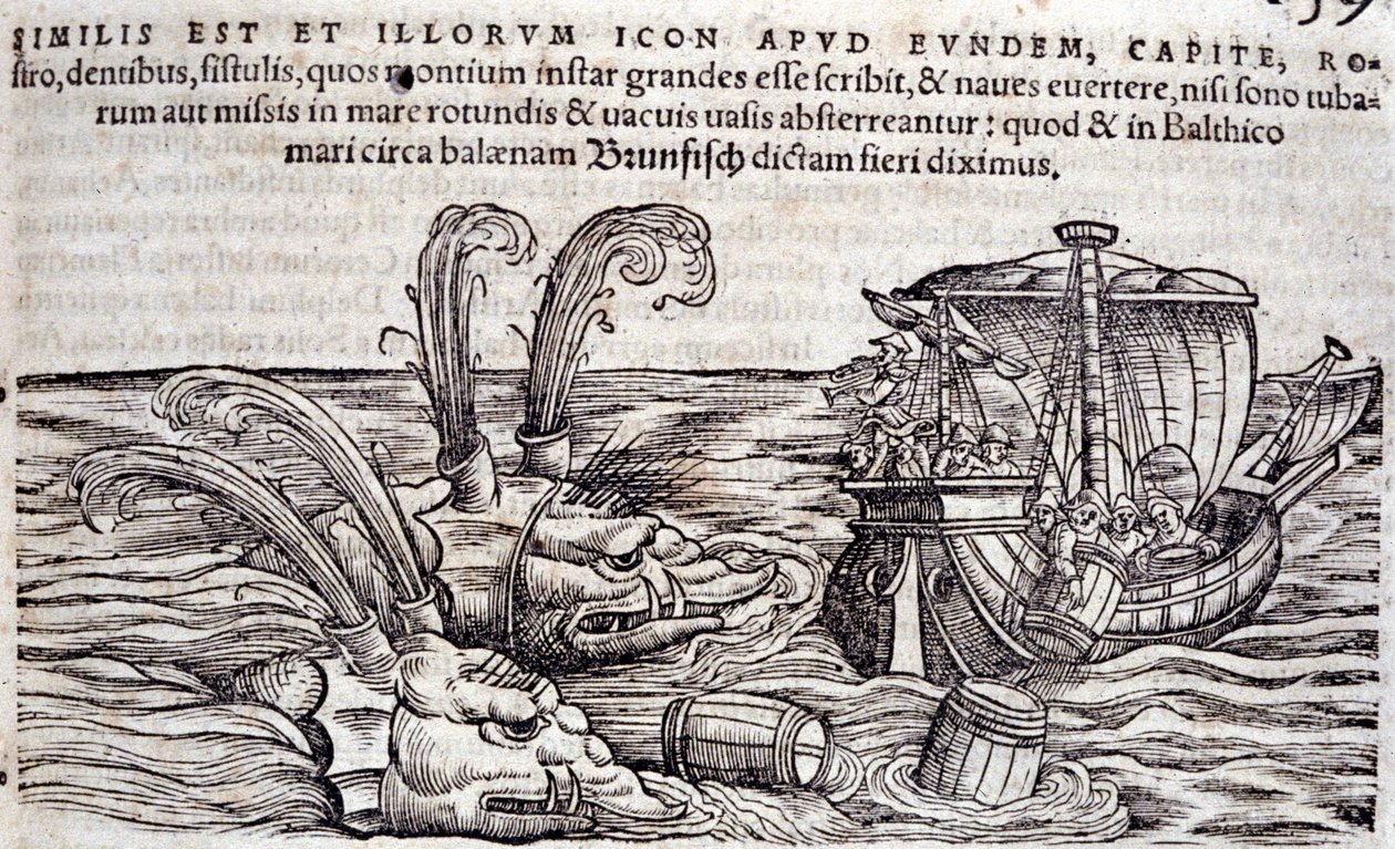 Zeelieden gooien vaten in zee om monsters af te leiden. Gravure in 