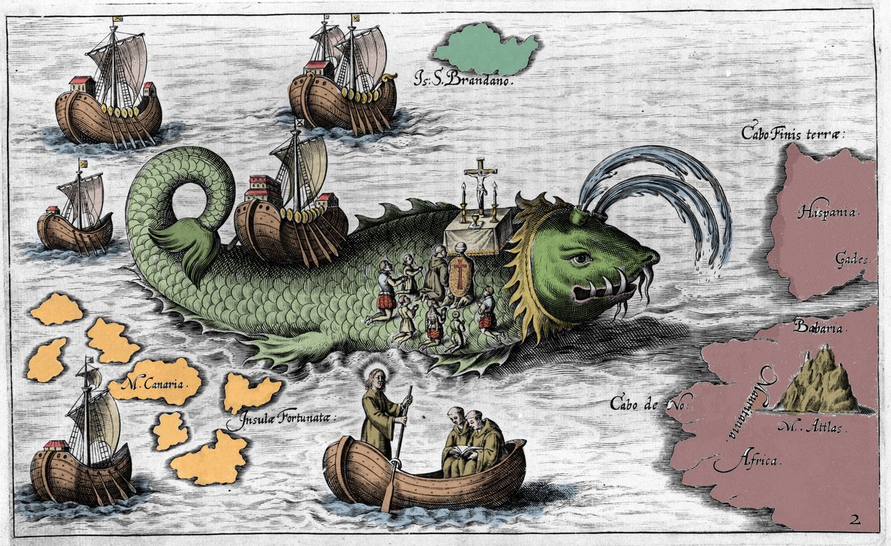 Sint Brendan (Brandan), held en Ierse heilige van de 6e eeuw, viert de mis op de rug van de reusachtige walvis Jasconius. Legende zegt dat zijn boot werd gedragen op de rug van een walvis. Kleurrijke gravure 17e eeuw door Unknown artist