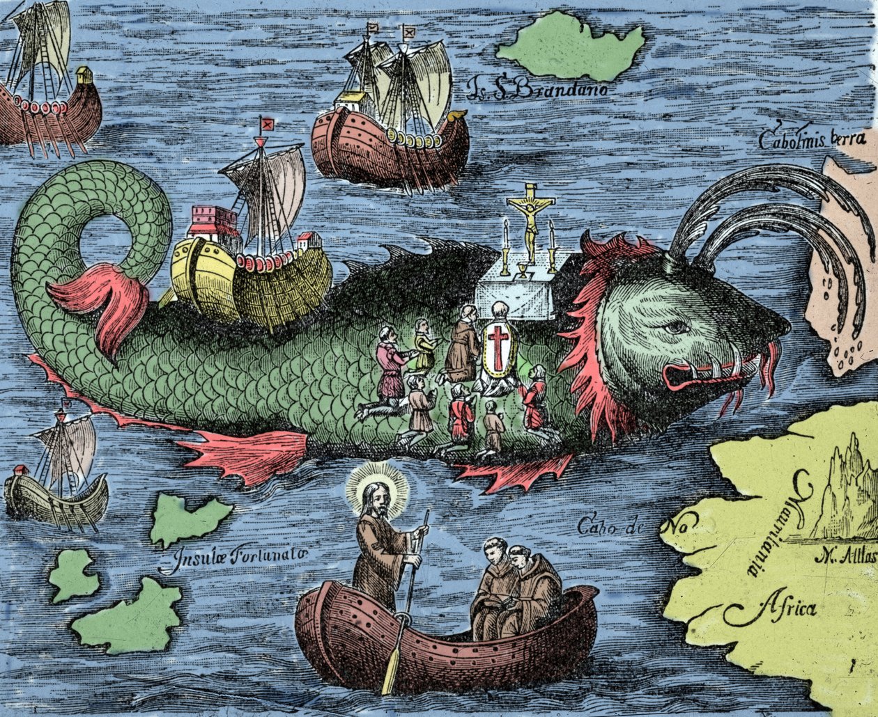Sint Brendan (Brandan), held en Ierse heilige uit de 6e eeuw, viert de mis op de rug van de reuzenwalvis Jasconius. Legende zegt dat zijn boot werd gedragen op de rug van een walvis. Gekleurde gravure uit 