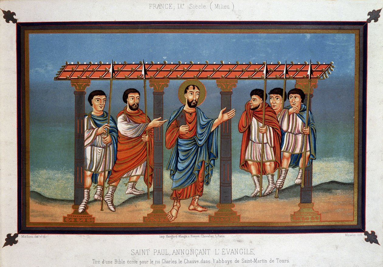 Sint Paulus verkondigt het Evangelie - uit een Bijbel geschreven voor koning Karel de Kale in de Abdij van Sint Martin van Tours, 9e eeuw door Unknown artist