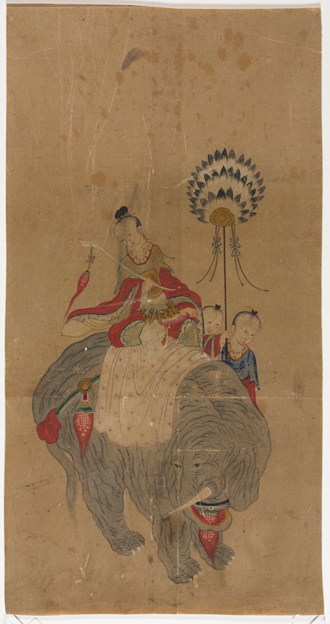 Samantabhadra op een olifant met twee begeleiders door Unknown artist