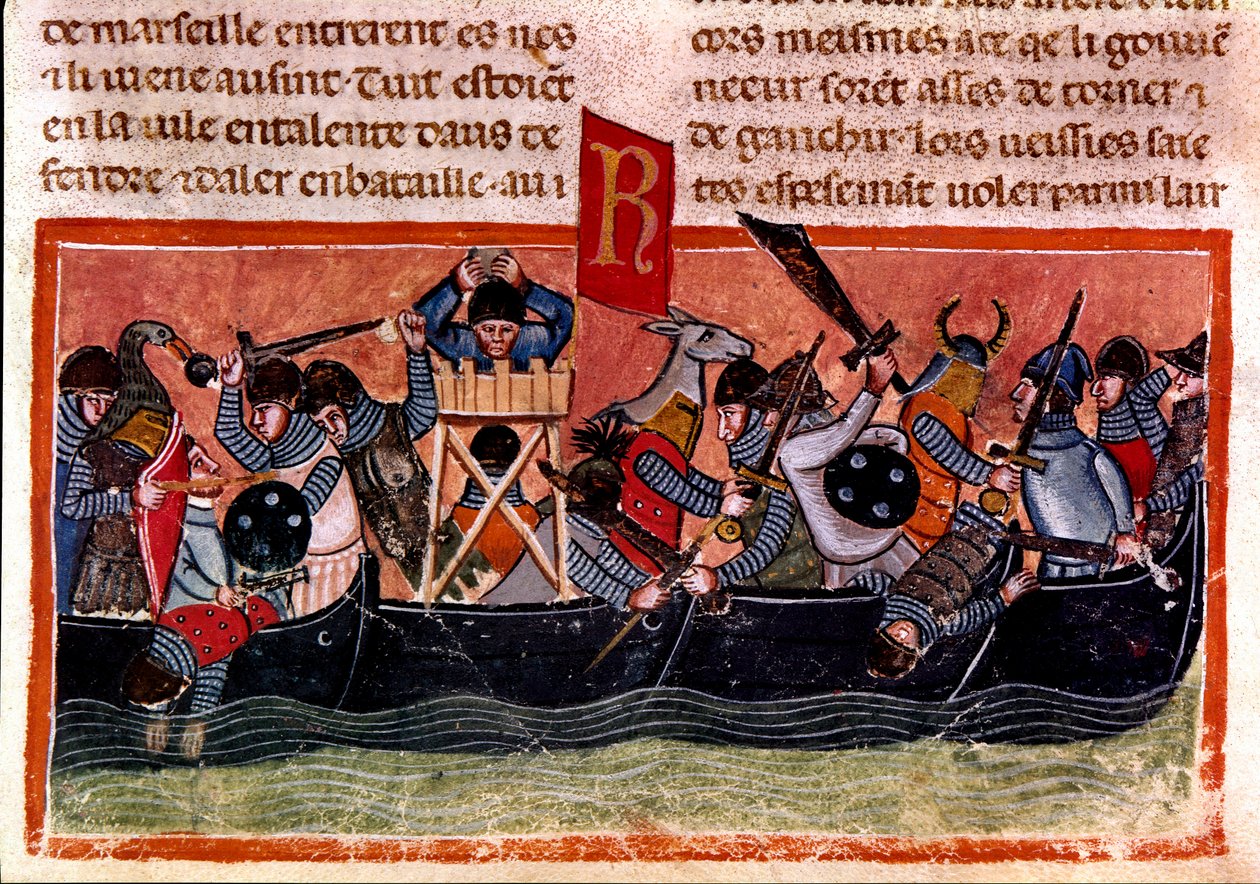 Scène van een zeeslag. Miniatuur uit een Frans codex op perkament "Feiten van de Romeinen" die de oude geschiedenis tot Julius Caesar vertelt (101 v.Chr.-44 v.Chr.). 13e eeuw Venetië, Biblioteca Marciana door Unknown artist