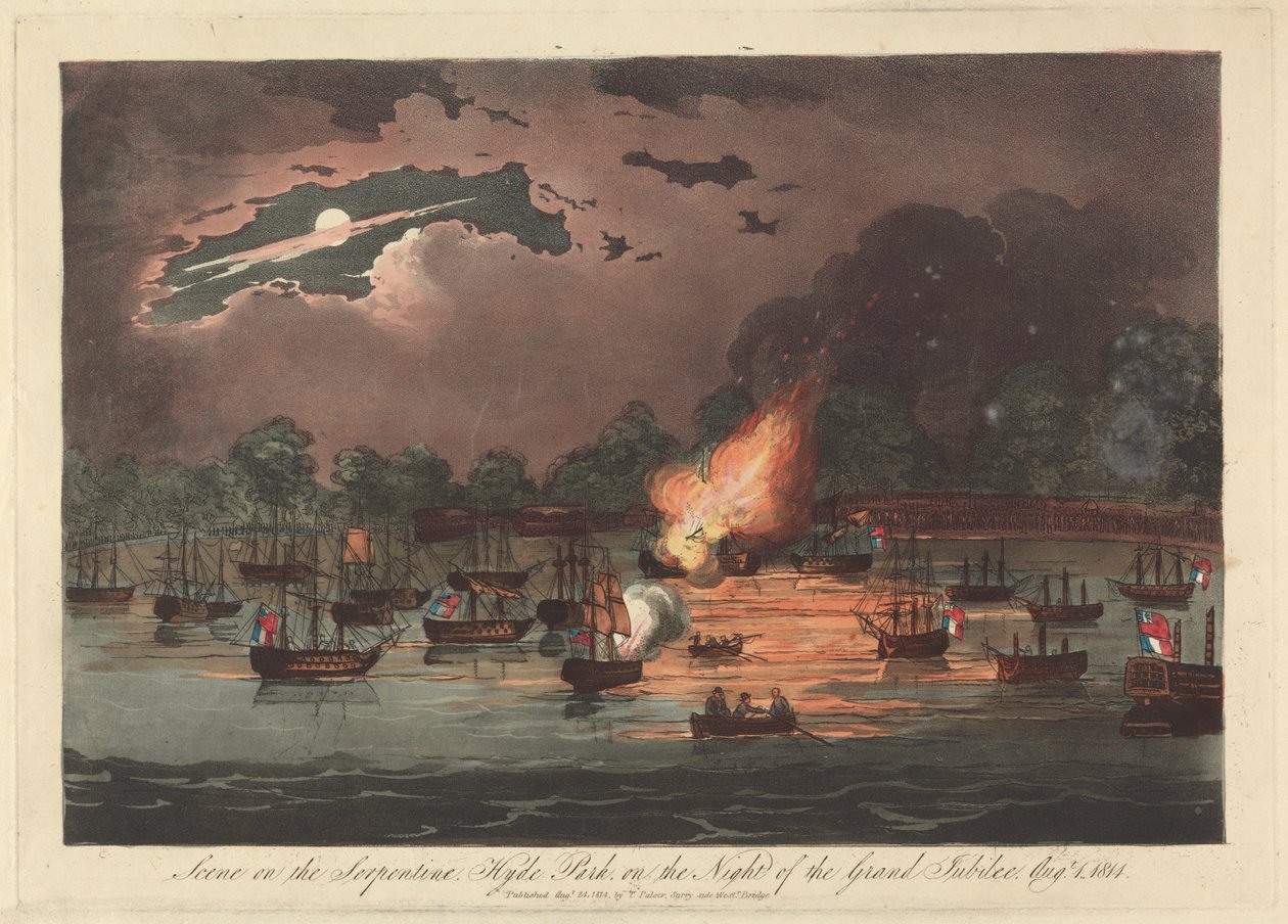 Scène op de Serpentine, Hyde Park op de avond van het grote jubileum, 1 augustus 1814 door Unknown artist