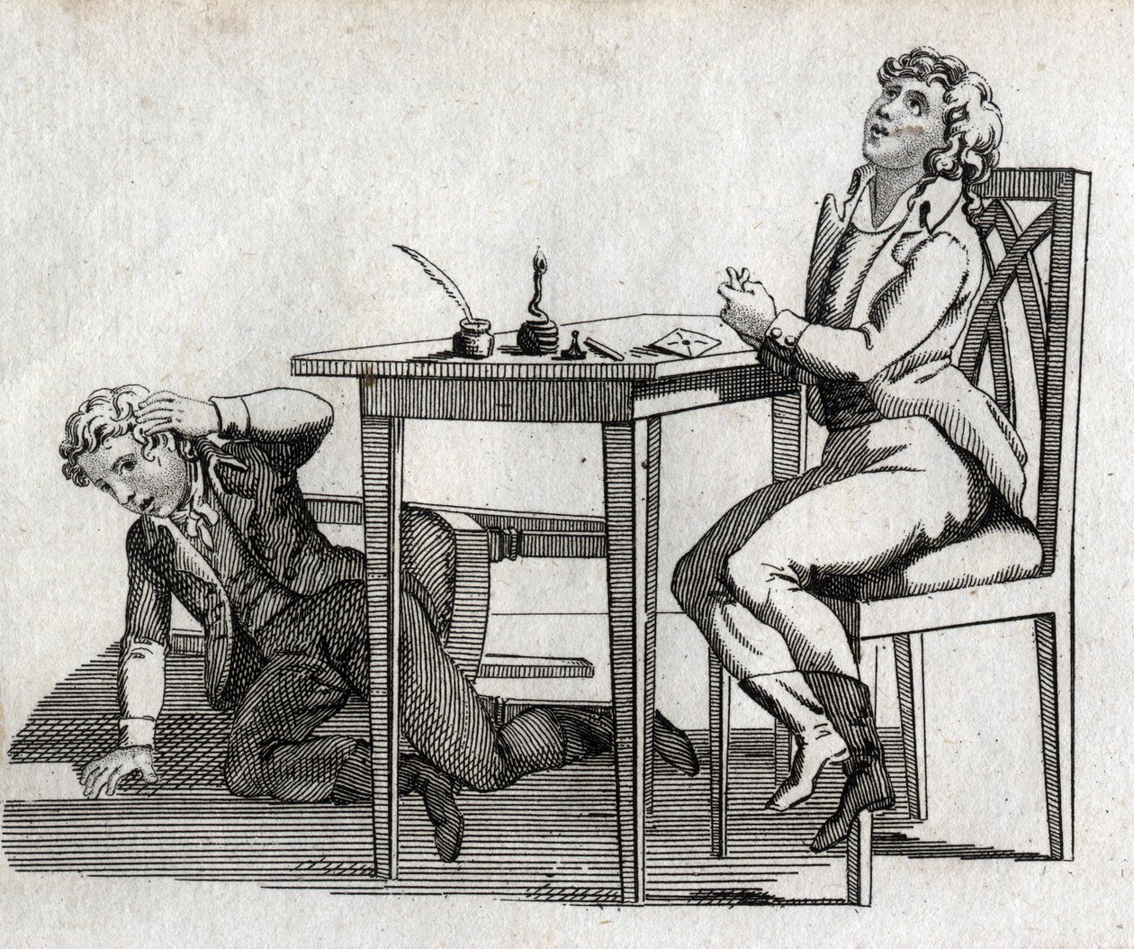 Scholieren hebben een tafel met inktpot. Gravure eind 18e eeuw. Privécollectie. door Unknown artist