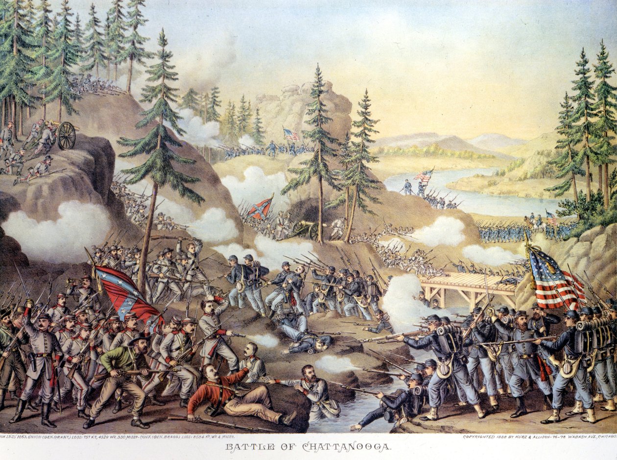 Amerikaanse Burgeroorlog (1861 - 1865): Na twee dagen van strijd bij Chattanooga, Tennessee, overwinning van het Noordelijke leger onder bevel van generaal Rosecrans. Gravure door Unknown artist