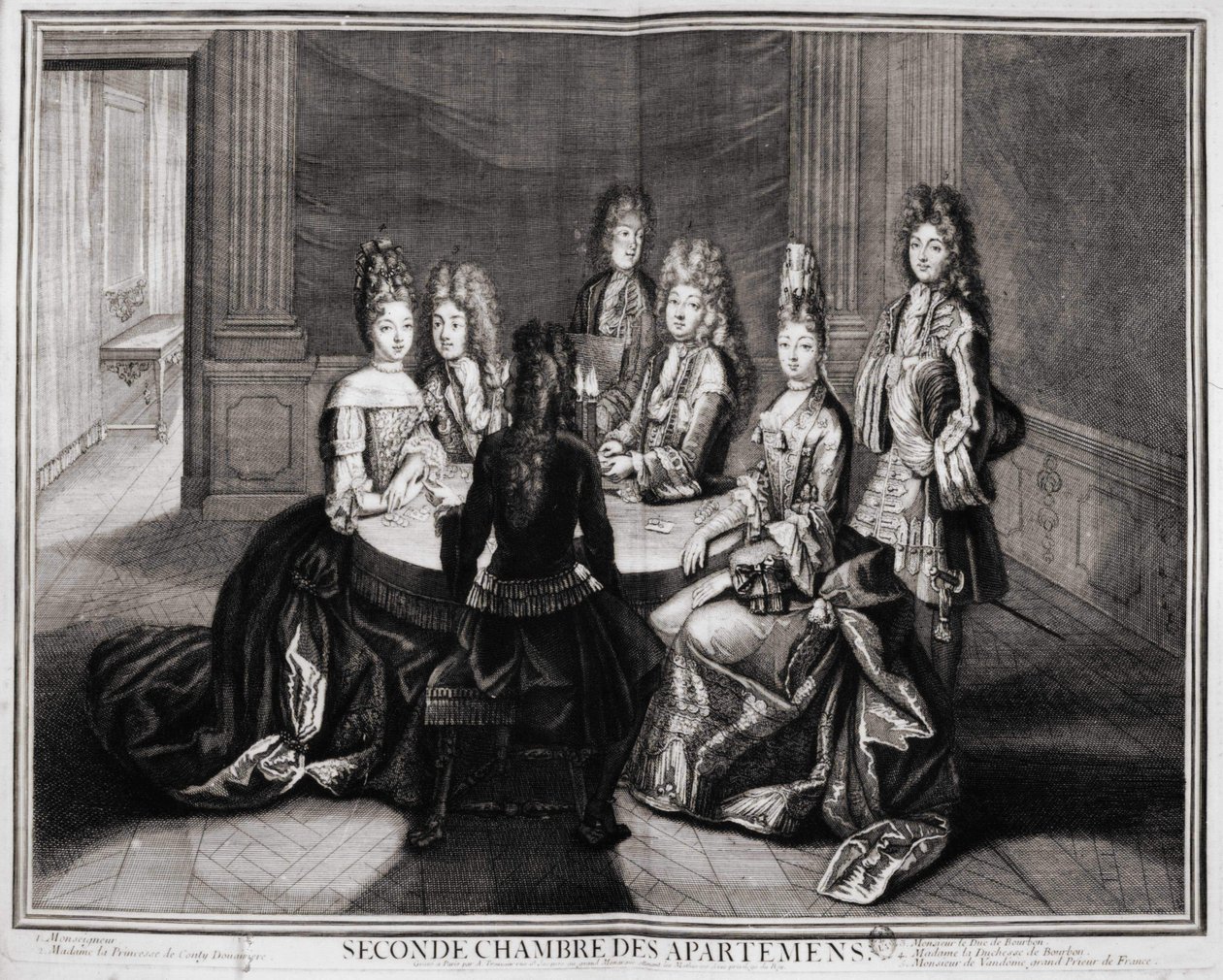Tweede Kamer van de Appartementen (Versailles): 1. Monseigneur, 2. Madame Prinses van Conty Weduwe, 3. Monsieur de Hertog van Bourbon, 4. Madame de Hertogin van Bourbon, 5. Monsieur de Vendôme, Groot Prior van Frankrijk. Gravure van Trouvain, begin 18e eeu door Unknown artist