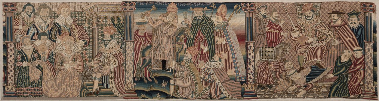 Sectie van een geborduurde fries: Ahasverus en Esther, De paus berispt de keizer, Hendrik VIII treedt op de nek van de paus door Unknown artist