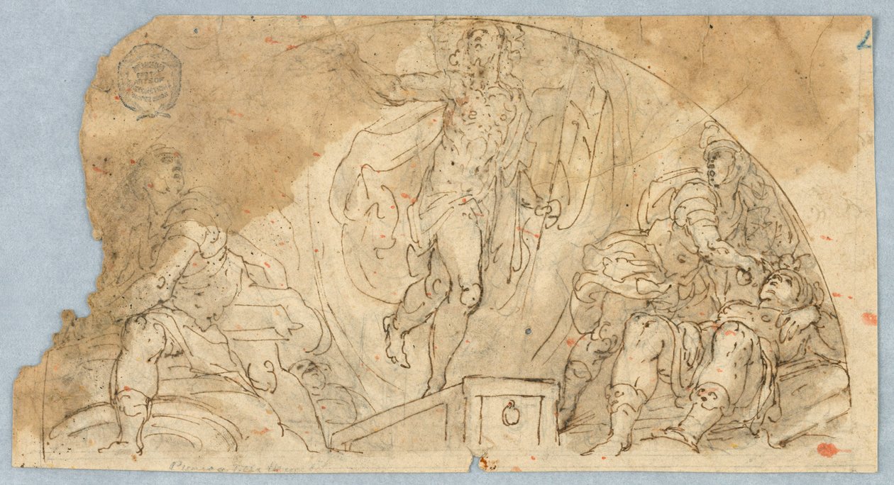 Halfcirkelvormige figuurscène met centrale figuur mogelijk opstijgend door Unknown artist