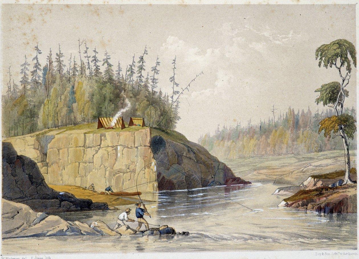 Kolonisten in Canada vissen in een rivier - in "Sketches on the nipisaguit a river of New Brunswick in America" door William Hickman, ed. Halifax door Unknown artist