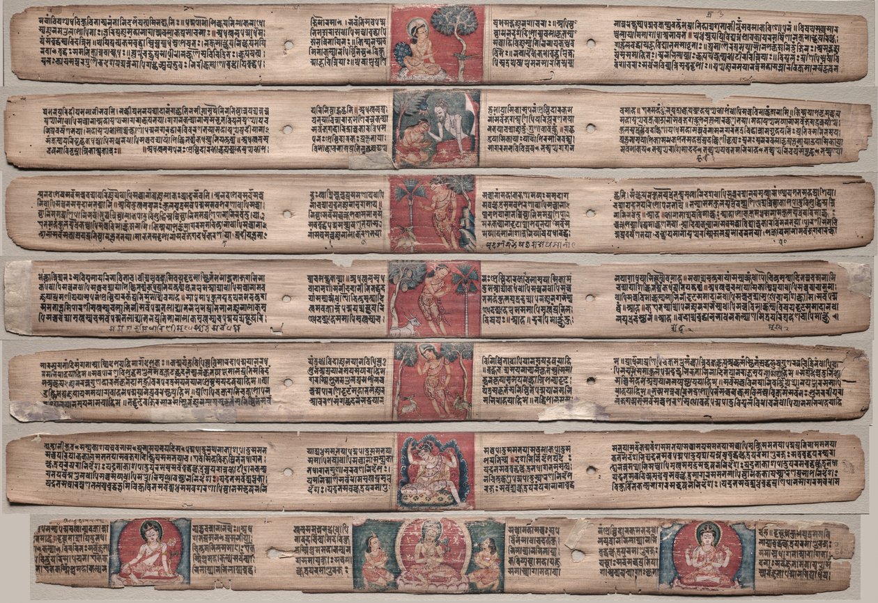 Zeven bladeren uit een manuscript van de Gandavyuha-soetra (Schrift van de Opperste Array) door Unknown artist
