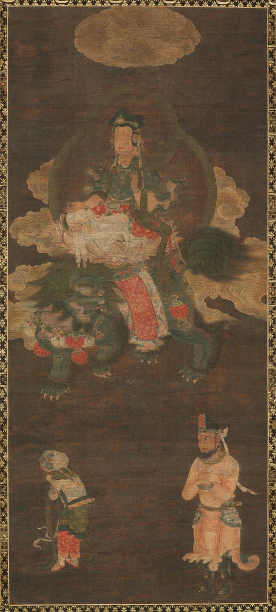 Shakyamuni Triade: Boeddha Vergezeld door Manjushri en Samantabhadra (Bodhisattva met Leeuw) door Unknown artist