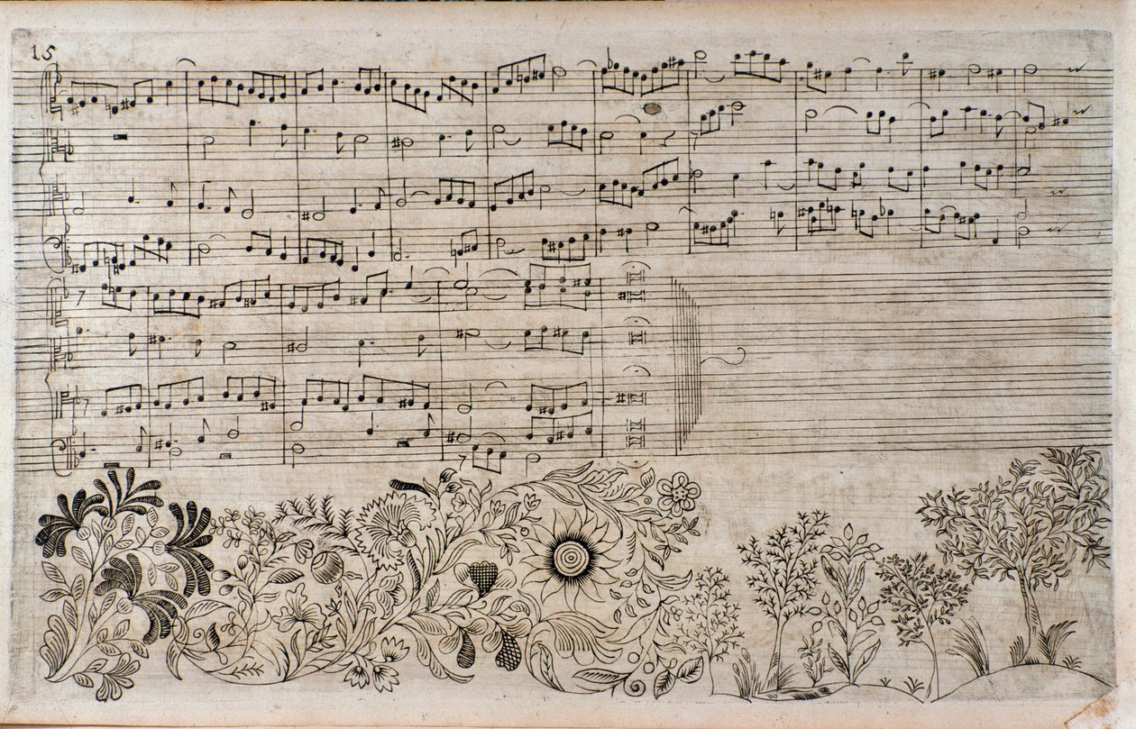 Bladmuziek van De Kunst van de Fuga, einde van contrapunt 5, door Johann Sebastian Bach door Unknown artist