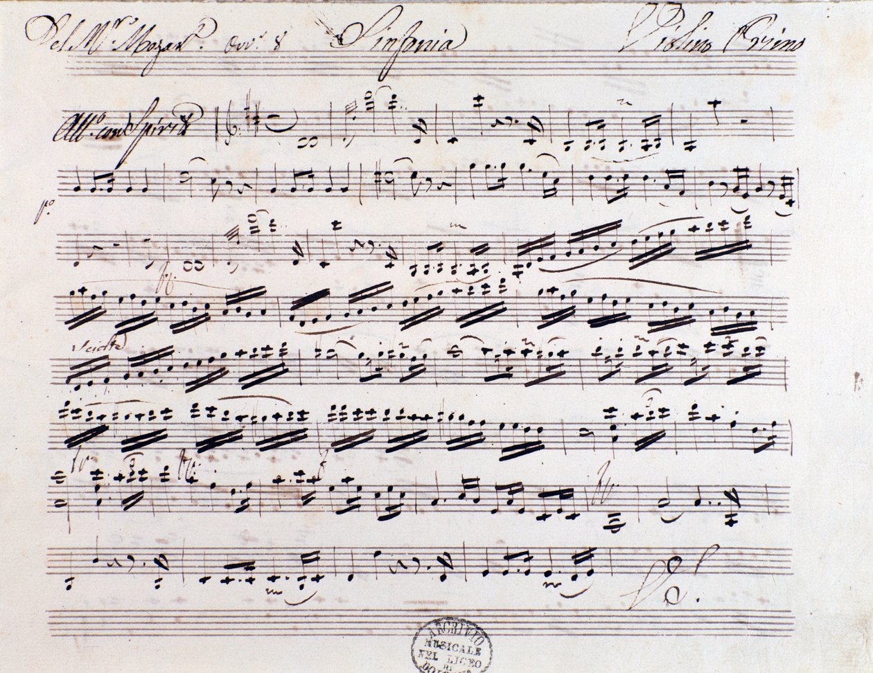 Bladmuziekpagina voor de eerste viool in Symfonie nr. 7, door Mozart door Unknown artist