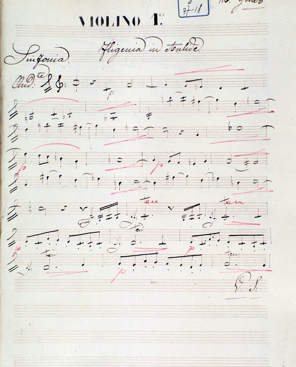 Bladmuziekpagina voor de eerste viool van Iphigenie en Aulide, opera van C. W. Gluck, ca. 1774 door Unknown artist