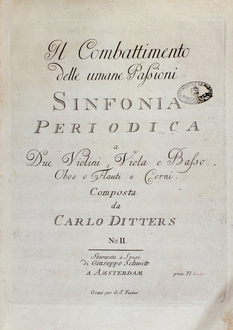 Bladmuziekpagina van de Periodieke Symfonie (het Gevecht van de Menselijke Passies) door Karl Ditters von Dittersdorf door Unknown artist